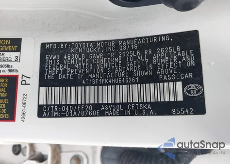 2017 Toyota Camry Se from USA, damaged, VIN 4T1BF1FK4HU646261